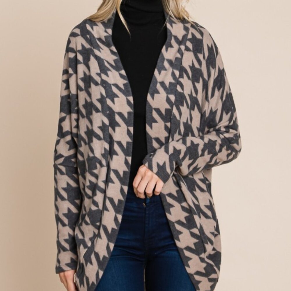 Houndstooth Open Front Cocoon Knit Cardigan - Chic & Cozy Layering Piece
